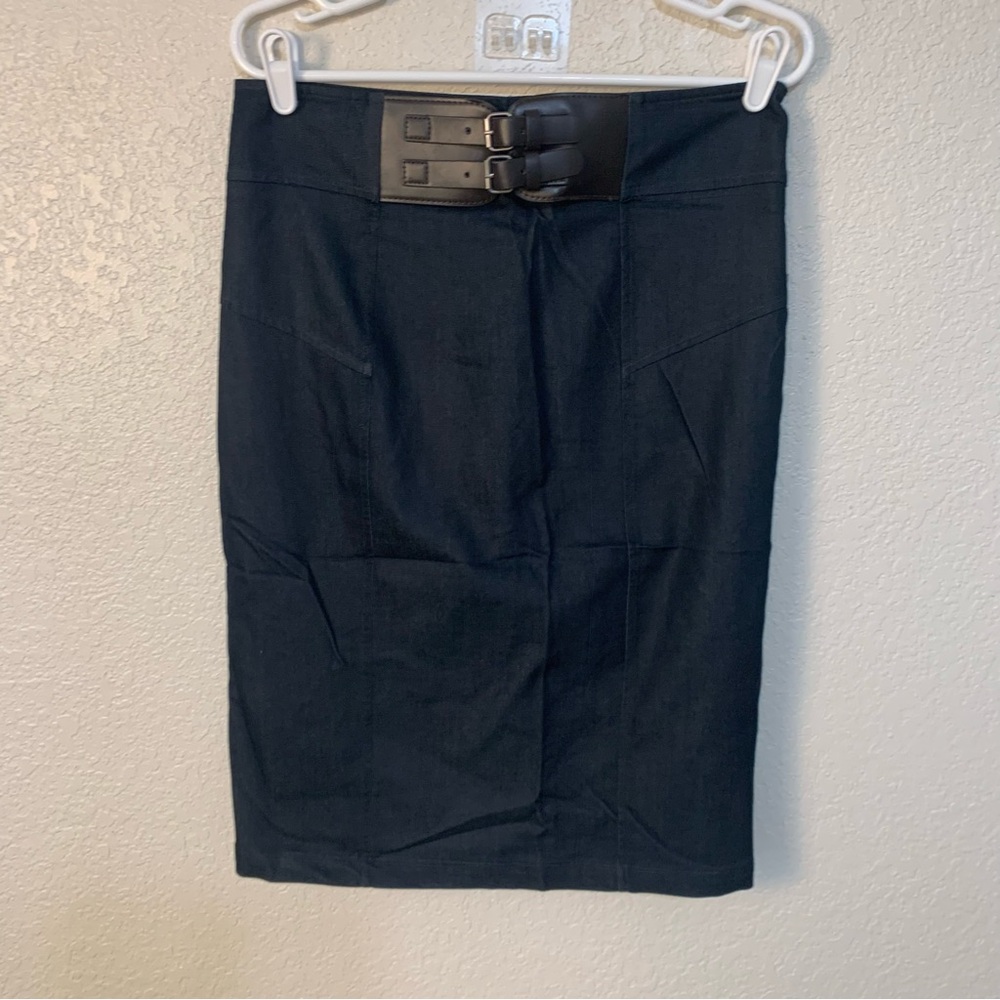 Worthington dark denim Pencil Skirt with attached Silver Buckle belt front.